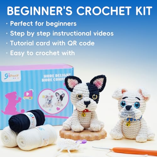 Image of Gipony Crochet Kit for Beginners Animal,Crochet Animal Kits,Crochet Pet Toys Kits,Learn to Crochet with Step-by-Step Video Tutorials,Beginners Crochet Kits for Adults(2 Pack French Bulldog)