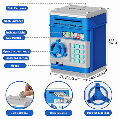 Image of Refasy Piggy Bank Cash Coin Can ATM Bank Electronic Coin Money Bank for Kids Age 3-12, Money Savings Box Mini ATM Coin Bank Toys Gifts for 3 4 5 6 7 8 9 10 11 12 Year Old Boys Girls