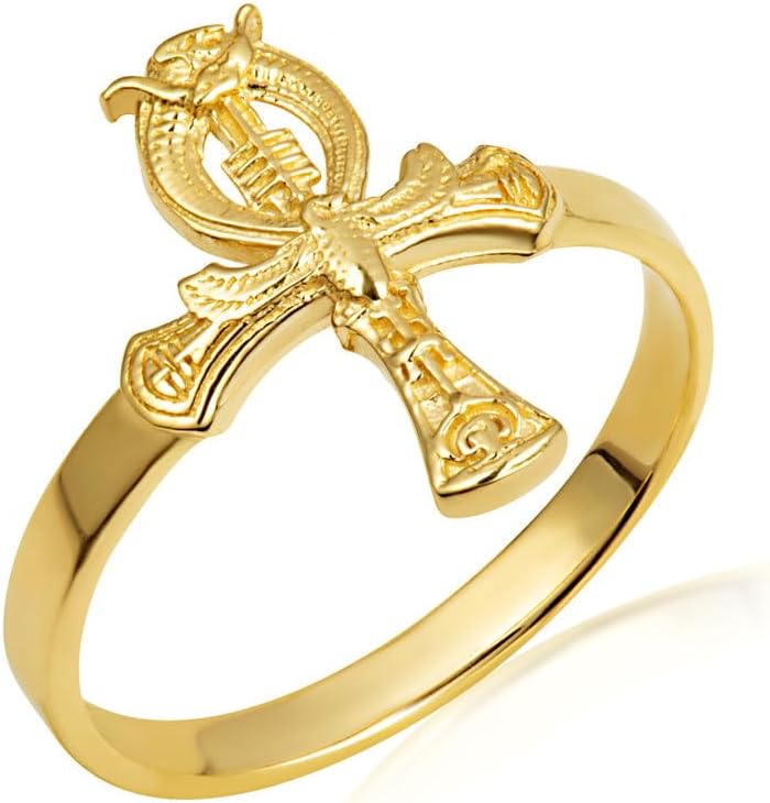 10K Yellow, White, and Rose Gold 2.3mm Ancient Egyptian Scarab Beetle Ankh Cross Protection Band Statement Ring for Women Girls, Available in Sizes 4-12