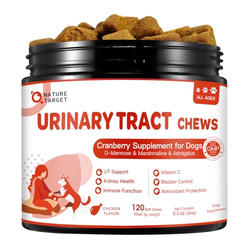 NATURE TARGET Dog UTI Treatment, Cranberry Supplement for Dogs – Urinary Tract & Bladder Support with D-Mannose, Marshmallow, Astragalus – Vet Formulated Immune & Kidney Support – Chicken, 120 Chews