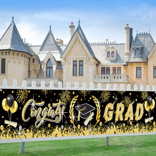 Image of Graduation Decorations, Graduation Banner 2026, Black and Gold Banner, Large Class of 2026 Party Decoration Congrat Grad Backdrop Yard Sign for Senior Commencement Indoor Outdoor Wall Yard 300 * 50cm