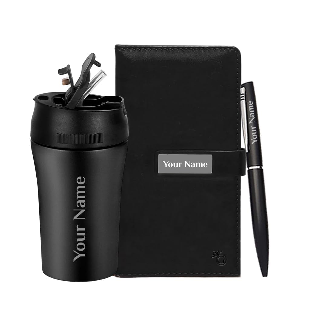Giftana Personalized Diary with Pen, Coffee Tumbler with Name, 3 in 1 Diary, Pen, Tumbler, Personalized Gifts for Husband Birthday, New Year Corporate Gifts for Employee (Black)