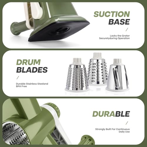 Grovix Rotary Cheese Grater & Cheese Shredder Hand Crank, Manual Cheese Grater for Veggies, 3-Blade Grater, Home Kitchen Appliances & Kitchen Gadgets