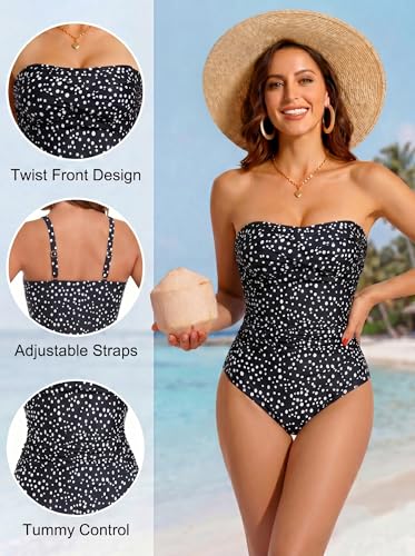 Image of Smismivo Tummy Control Swimwear Strapless One Piece Swimsuit Ruched Bathing Suits for Women Slimming Bandeau Tube Top Bikini