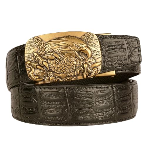 Men's Ratchet Dress Belt - Engraved Western Eagle Gold Buckle With Crocodile Embossed Strap