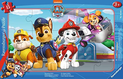 Ravensburger Puzzle Infantil 05681 – Cuatro Valientes salvadores – 15 Piezas de la Patrulla Canina Puzle Marco para niños a Partir de 3 años, Color Azul y Amarillo