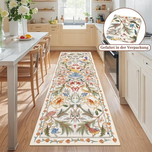 TUKDAK Vogel Teppich Läufer Flur 60x180cm, Beige Weiß Tier Küchenläufer Waschbar, Weicher Kurzflor Teppichläufer rutschfest… – Ansicht 2