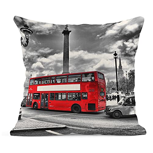 Emvency Set Of 4 Linen Throw Pillow Covers 18X18 Inches Home Decorative Cushion Red London Street Bus Telephone Booth Big Ben Pillow Cases Square Pillocases For Bed Sofa #TOP2