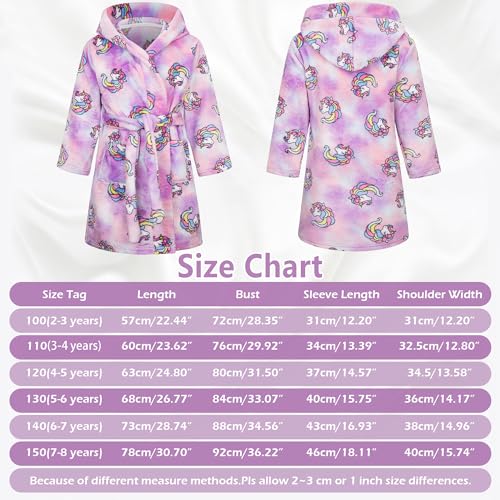 Baogaier Bademantel Kinder Mädchen mit Kapuze, Morgenmantel Flanell Lila Einhorn Nachtwäsche Bathrobe Lange Ärmel Weiche Schlafoveralls Pyjama Taillengürtel Gr.104-110