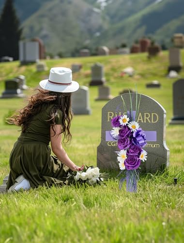 Cross for Cemetery Grave with Flowers: Outdoor Grave Decorations - 1Pc Purple Roses Artificial Flowers Memorial Wooden Cross image 7