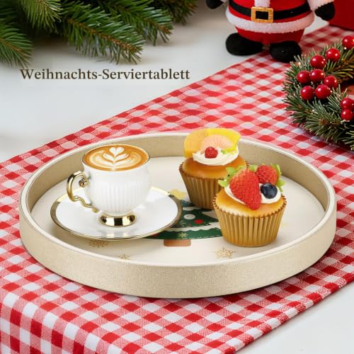 GORESE Weihnachtliche Serviertablett, Leder Rund Deko Tablett Tischtablett Küchentablett Teelichthalter Nachttisch Ablageschale… – Ansicht 4