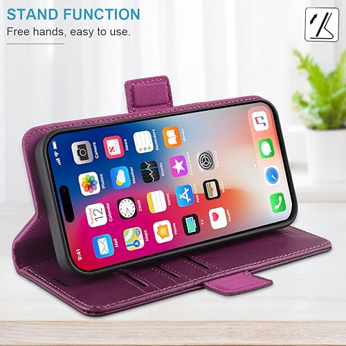 KEZiHOME Compatible with iPhone 15 Pro Case, [RFID Blocking] Genuine Leather Wallet Case [Credit Card Holder] [TPU Inner Shell] Shockproof Stand Flip Cover for iPhone 15 Pro 6.1'' (Purple/Brown) - image 4
