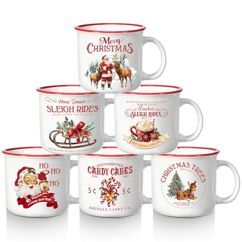 Pickmesh 6 Pcs Christmas Mugs Sets 12 OZ Vintage Christmas Coffee Mugs