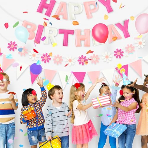Image of CANREVEL Pre-Strung 3D Happy Birthday Banner, 3 PCS Happy Birthday Felt Garland, Pom Pom Garland, Triangle Fabric Garland Bunting, Reusable Birthday Decorations for Women Men Girls Boys, Pink Flower
