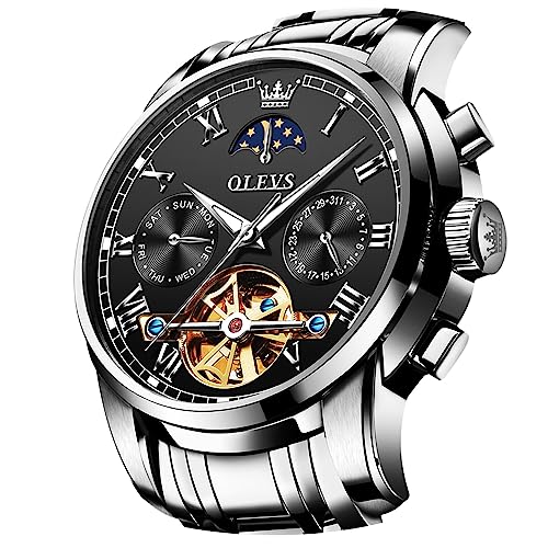 Image of OLEVS Men Watch Automatic Mechanical Skeleton Moon Phase Dress Business Stainless Steel 3AT Waterproof Luminous Men Wrist Watch
