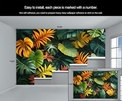 Tropical Plant Wallpaper, Monstera Leaf Wall Mural, Palm Leaf Easy to Install Photo Mural Wallpaper for Restauran Lounge Decor (Non-self-Adhesive) — 사진 7