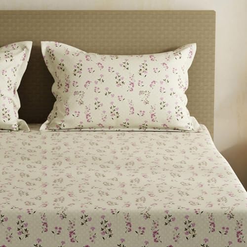 Image of Layers 100% Cotton Bedsheet for Double Size Bed | Lumina Floret Collection | 144 TC Soft & Breathable | Floral Print with 2 Pillow Covers | Wrinkle Free & Colorfast | 3 Pc Bedding Set - Pink & Cream
