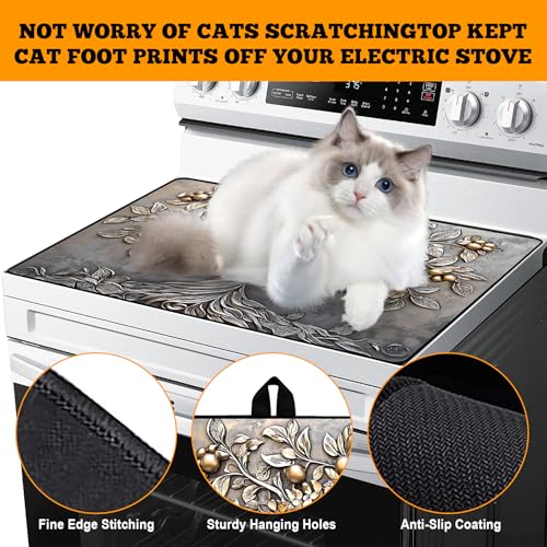 Image of Multi-Design Stove Top Cover for Glass /Electric Stoves - 3-in-1 Heat-Resistant Protector Mat, Non-Slip Drying Rack 28 inchx20 inch (Silver Fruit Tree, 28 inch L x 20 inch W)