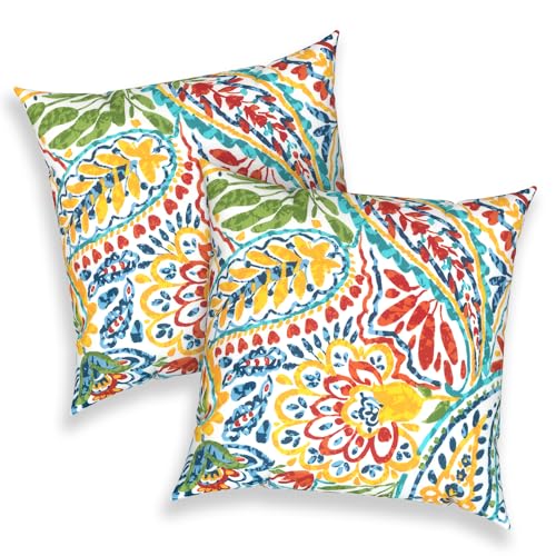 Melody Elephant Outdoor Throw Pillows 16x16 Inch, Water Repellent Patio Pillows with Inners Set of 2 for Patio Furniture Home Garden, Paisley Multi