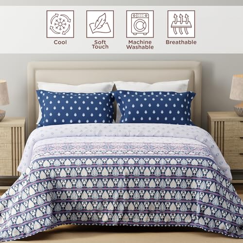 Image of Layers 100% Cotton for King Size Bed | 120 TC Printed, Soft, Breathable, Machine Washable Bedsheet with 2 Pillow Covers | Forever Collection (274 x 274 cm) - White & Blue