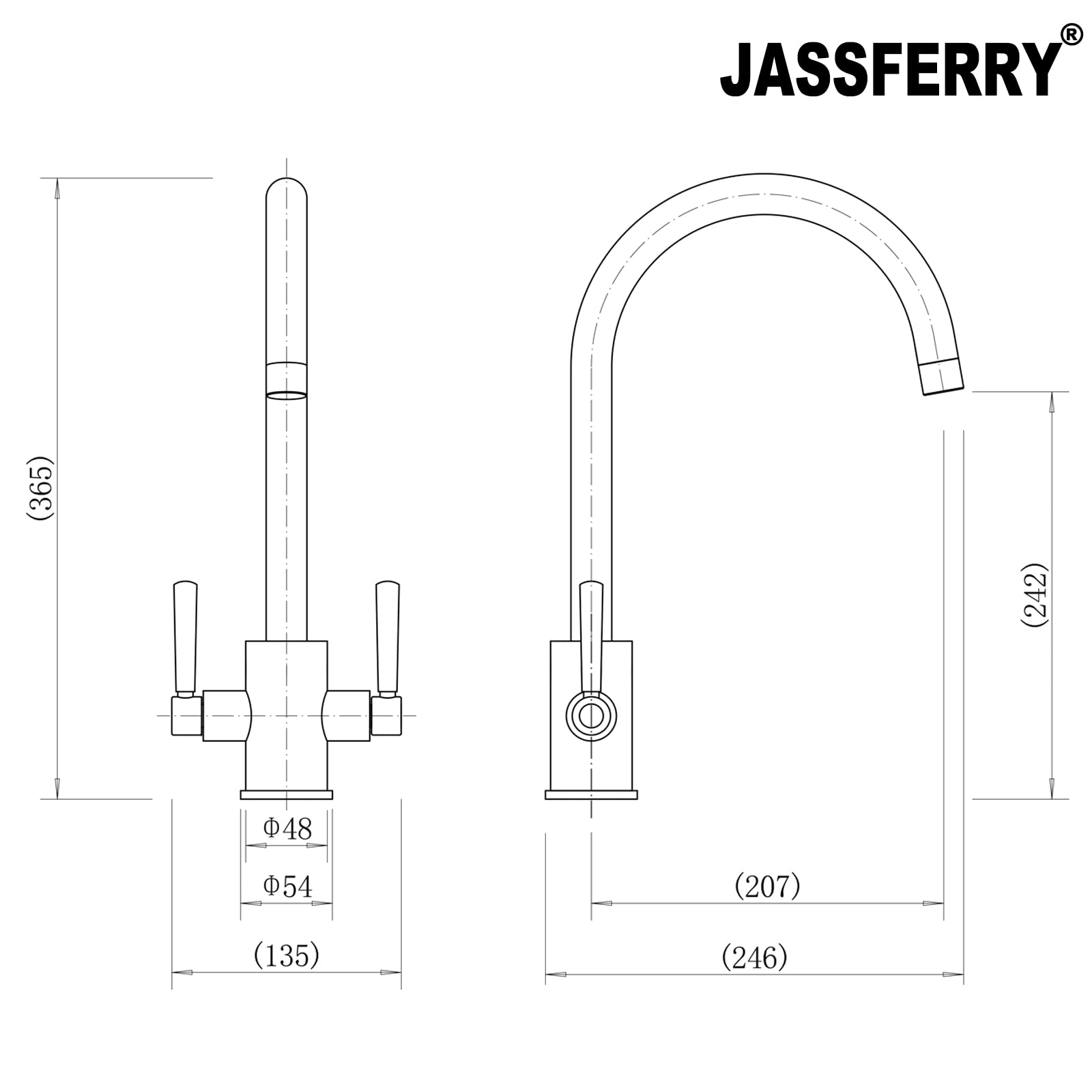 JASSFERRY - Grifo Monomando para Fregadero de Cocina Hogar y Cocina (dos asas, cuello de cisne, redondo, cromado pulido)