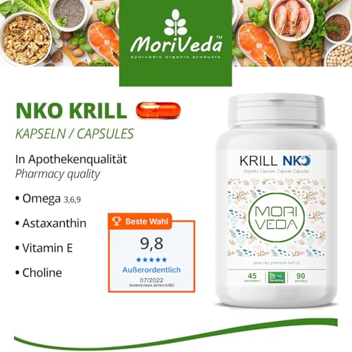 NKO® Krillöl Softgel Kapseln (Testsieger) - hochwertiges Omega 3, 6, 9 - reich an EPA und DHA - Astaxanthin, Vitamin E, Choline und Phospholipide - Herz Immunsystem Gedächtnis - 90 Stück von MoriVeda