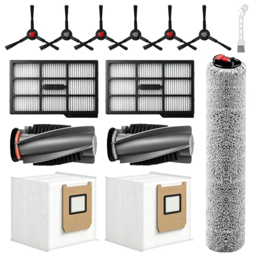 Image of 14 Pack Replacement Parts Compatible with eufy Omni E25 / E28 Robot Vacuum: 1 Pair of Main Brushes, 1 Roller Mop, 2 Filters, 2 Dust Bags, 6 Side Brushes, 1 Cleaning Brush