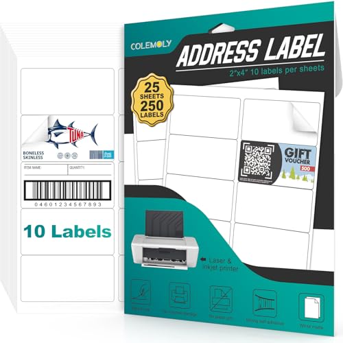 2x4 Inch Address Labels - 25 Sheets (10 Labels per) for Inkjet/Laser Printers Matte White 250 Blank Labels Sticker Paper on 8.5x11 Inch for Mailing, Shipping, and Organizing