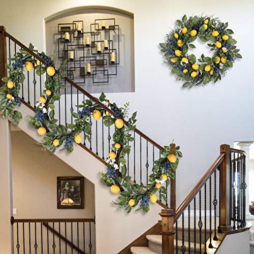 Valery Madelyn 6 Feet Artificial Spring Summer Lemon Garland With Greenery Blueberry,Yellow Fall Lemon Decorations For Kitchen Table Mantle Front Door Wall Indoor Outdoor Home Decor #TOP6