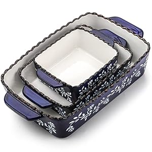 AVLA 3 Pack Ceramic Bakeware Set Porcelain Rectangular Baking Dish Lasagna Pans for Cooking Kitchen Casserole Dishes Cake Dinner 12 x 8.5 x 6 Inches of Baking Pans Banquet and Daily Use Cobalt Blue
