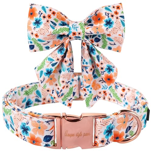 Unique style paws Dog Collar, Peach Flower Dog Collar, Adjustable Comfortable Cotton Bow Tie Collar for Boy Girl Dogs, Bowtie Collar with Metal Buckle, L, Neck 16-24in