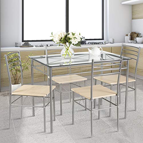 Giantex 5 Piece Dining Table Set, Kitchen Dining Set with Tempered Glass Table Top and 4 Chairs, Dinette Set for 4 for Breakfast Nook Dining Room Kitchen (Transparent) - Image 4