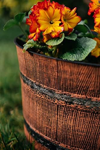 SG Traders Round Plastic Whisky Barrel Garden Pot Flower Pots Planter Tub Patio Pot Outdoor Traditional Barrel Brown with Silver Bands Garden Plant Pot Outdoors with Drainage Holes (Pack of 2)