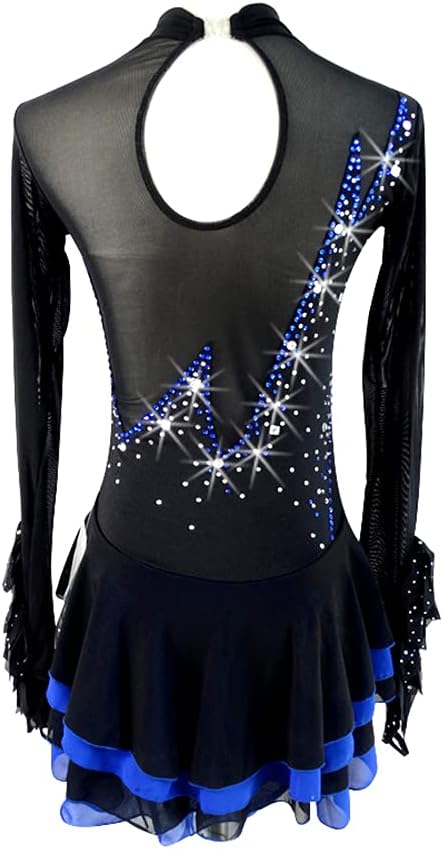 Ice Skating Dress Girls Women Black Blue 4 Layers Skirt Competition Skating