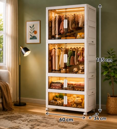 Image of YASONIC Plastic Wardrobe for Kids, Baby Cupboard for Storage, 12 Cubes Almirah, Cupboard for Clothes, Collapsible Wardrobe for Metal Utility Storage Cart with Wheels (WHITE-SJM32160-2)
