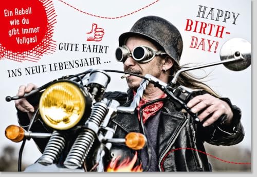 Geburtstagskarte für Männer - Vintage Biker-Design mit Motorrad, Lederjacke & Helm, lustig und cool - mit Umschlag