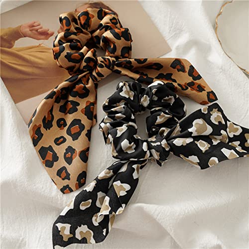 4 Pack Leopard Hair Scarf Scrunchies Hair Ribbon Bow Scrunchies Long Elastic Hair Bands Rope Scrunchy 2 In 1 Chiffon Soft Ponytail Holders For Women Girls #TOP3