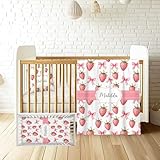 Workvalor Personalized Strawberry Baby Crib Bedding Set – Custom Name 3 Piece Nursery Set for Baby Girls, Soft Blanket, Fitted Crib Sheet & Pillowcase – Customized Infant & Toddler Nursery Gift