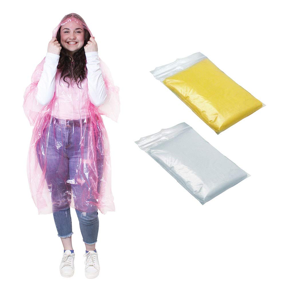 eBuyGB Men's Emergency Water Proof Rain Ponchos with Hoods, Transparent, Pink & Yellow, X-Large, Pack of 9