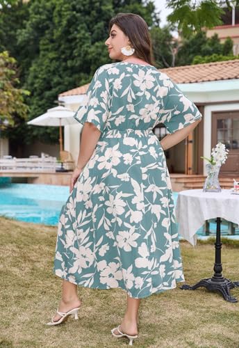 Image of Keluummi Plus Size Summer Wedding Guest Maxi Dresses for Curvy Women, Casual Floral 3 /4 Sleeve Emipre Waist V Neck Long Dress