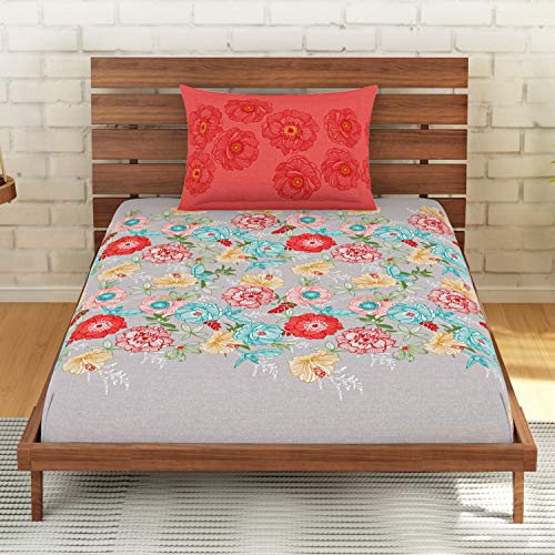 Image of Spaces Atrium Plus 210 TC 100% Cotton Single Bedsheet with 1 Pillow Cover (Floral, 60 inch X 88 inch Inches) - Grey