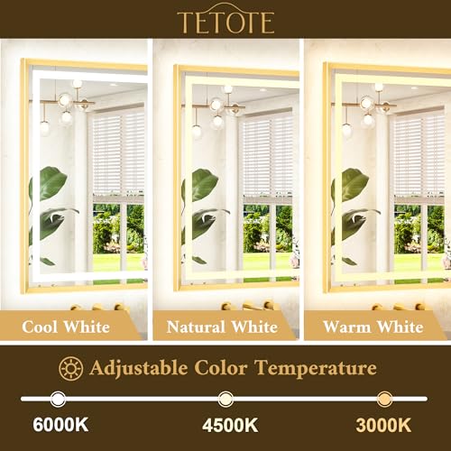 TETOTE Led Bathroom Mirror 36 x 36 with Brushed Gold Frame Anti-Fog Frontlit & Backlit Vanity Mirror Stepless Dimmable Lighted Mirrors for Bathroom Wall 3 Colors White/Warm/Natural Wall-Mounted