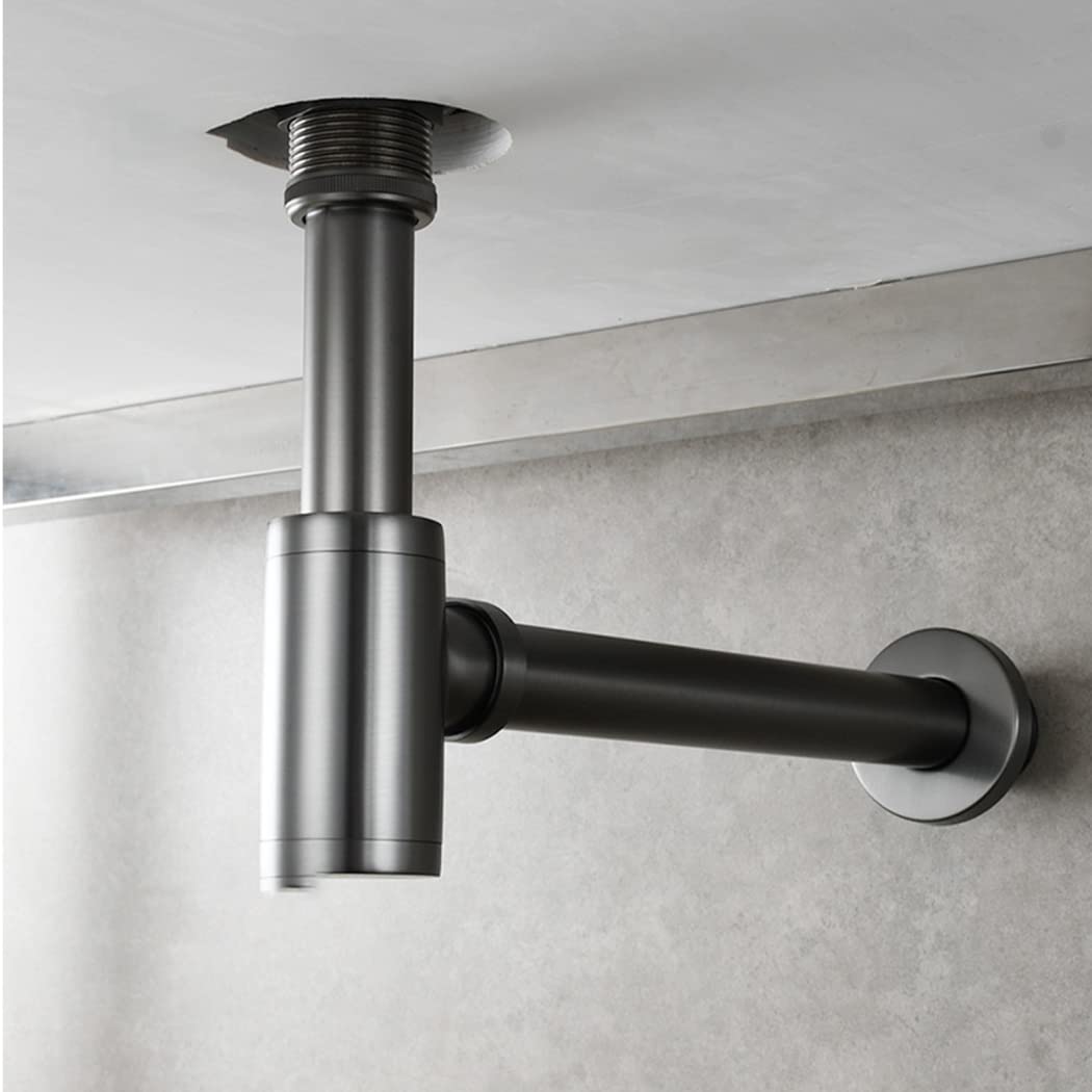 WRIST Sifone Tondo in Ottone per Bottiglia P, Kit Tubo di Scarico Sifone per Lavello del Bacino Regolabile in Altezza, Kit Sifone P per Scarico della Vasca da 1/4,Gun Grey