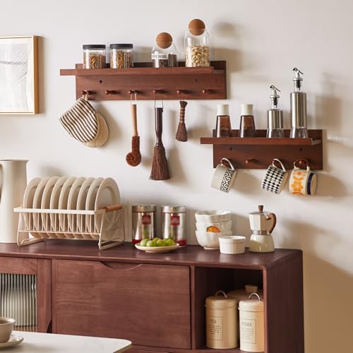 Aibiju Perchero Pared Madera, Gancho de pared con Estante, Ganchos de pared de Madera de 60 cm con Almacenamiento, para Entrada, Baño, Cocina, color Nogal YD-WS0260H - imagen 8