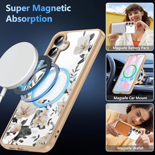 Image of VONZEE Compatible with Samsung S24 FE 5G Case Luxury Retro Flowers Floral Clear for Magnetic Wireless Charging Case Shockproof Case PC+TPU Cute Glossy Shiny Cover for Girls Women|Desert Titanium