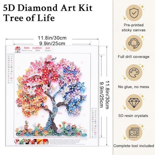 Image of HASTHIP 5D Diamond Painting Kit for Adults Kids Flower Tree Diamond Art Kit, 12x12inch DIY Full Drill Colorful Dots Gem Art Craft Kit for Adults with Pre-Printed Canvas & Tools for Home Wall Decor