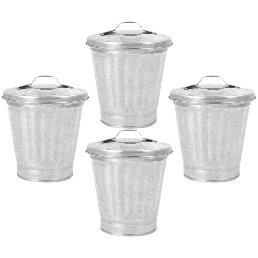 MAGICLULU 4pcs Small Metal Trash can with Lid, Mini Garbage Bin for Desk, Home, Office, Silver Tin Waste Holder, 3.74 * 3.54 * 3.54inch, Galvanized Iron