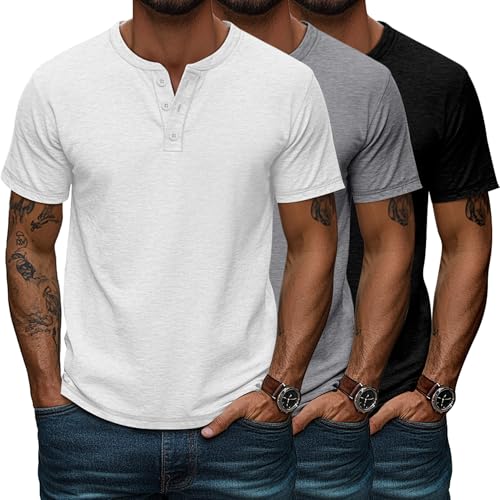Huukeay 3 Pack Men's Big & Tall Henley Short Sleeve Shirts, Cotton Crew Neck Casual Button T-Shirts Summer Basic Tees Tops