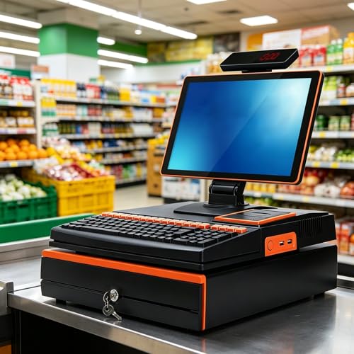 All-in-One POS Cash Register System, 15.6" Touch Screen Dual Core 64GB, 58mm Thermal Printer Cash Drawer Barcode Scanner for Retail Restaurant Supermarket Small Business