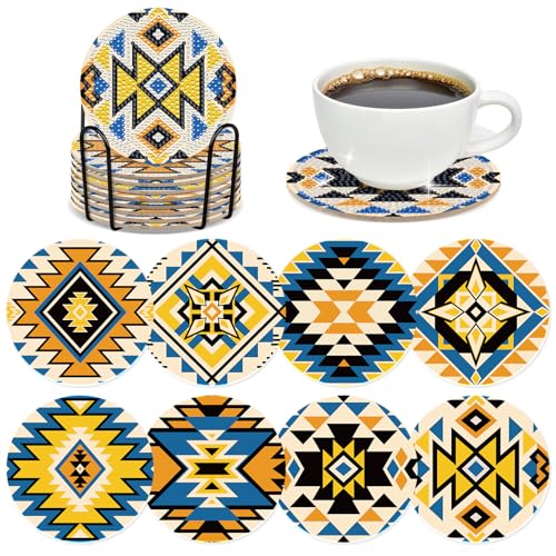 INCOK Aztec Diamond Art Coasters - 8 PCS DIY American Native Diamond Painting Coasters Kits for Drinks Coffee Abstract Boho Indian Art Craft Supplies Gift for Mexican Beginners